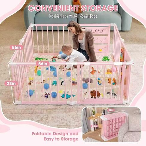 Foldable Wooden Baby Playpen with Soft Play Mat & Gate | 36 Colorful Balls, Adjustable Panels, Portable Play Area, Activity Center, Babies & Toddlers, 56x56x23inches in Saudi Arabia