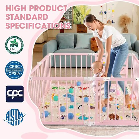 Foldable Wooden Baby Playpen with Soft Play Mat & Gate | 36 Colorful Balls, Adjustable Panels, Portable Play Area, Activity Center, Babies & Toddlers, 56x56x23inches in Saudi Arabia