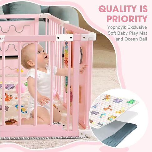Foldable Wooden Baby Playpen with Soft Play Mat & Gate | 36 Colorful Balls, Adjustable Panels, Portable Play Area, Activity Center, Babies & Toddlers, 56x56x23inches in Saudi Arabia
