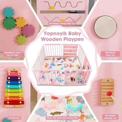 Foldable Wooden Baby Playpen with Soft Play Mat & Gate | 36 Colorful Balls, Adjustable Panels, Portable Play Area, Activity Center, Babies & Toddlers, 56x56x23inches in Saudi Arabia