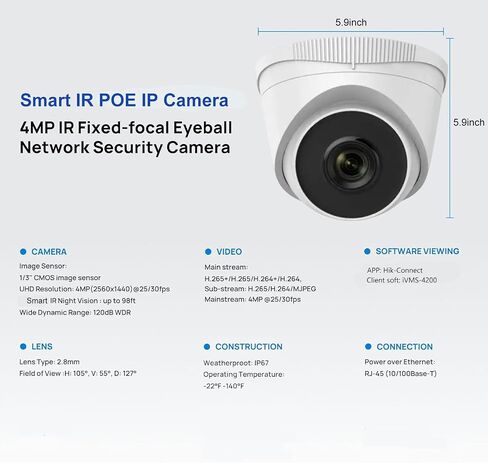 Real HD IPC-T240H 4MP POE IP Turret Camera 2.8mm Lens Smart IR Night Vision | H.265+ WDR Compatible with Ⲏіkconnect/iVMS4200/Guarding Vision in Kuwait
