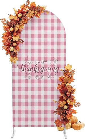 Wedding Arch Cover 6.6 FT, Happy Thanksgiving Stretch Chiara Backdrop Cover for Round Top Arch Stand, Pink Buffalo Plaid Gingham Pumpkin Reusable Party Decoration for Wedding Baby Shower Birthday in Saudi Arabia