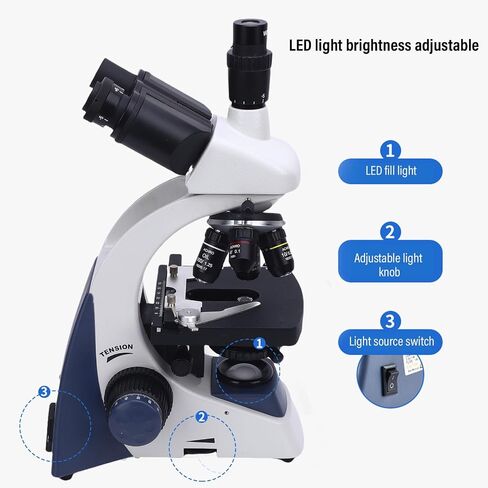 Brilluxa Trinocular Microscope, 40X-1600X Compound Microscope and Laboratory Optical Scope with LED Light, Adjustable Aluminum Alloy Stand, DC 5V 1A for Lab Sample Viewing in Kuwait