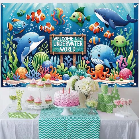 Underwater World Backdrop Banner Ocean Party Decoration Cute Sea Animal Banner for Kids Birthday Baby Shower Photography Background Photo Booth Wall Decor 71 x43 Inch in Saudi Arabia