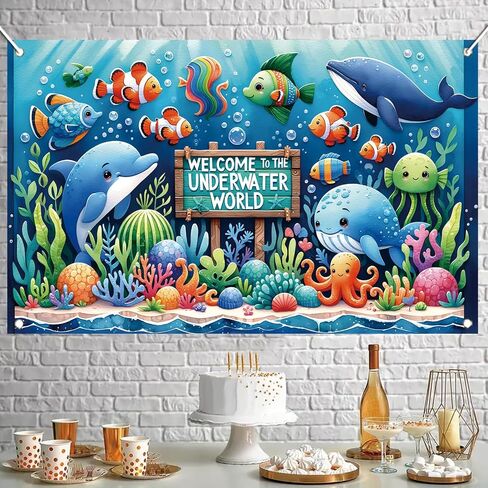 Underwater World Backdrop Banner Ocean Party Decoration Cute Sea Animal Banner for Kids Birthday Baby Shower Photography Background Photo Booth Wall Decor 71 x43 Inch in Saudi Arabia