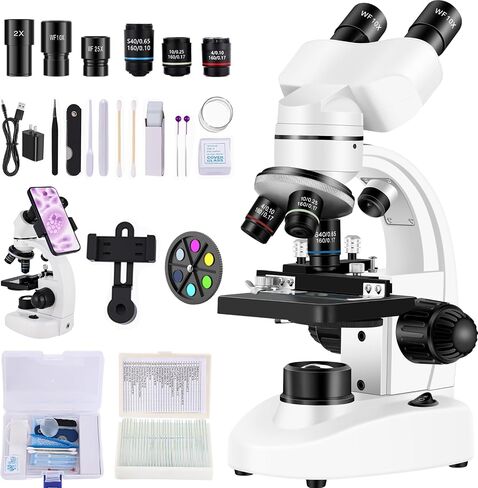 Binocular Microscope for Adults,with WF10x/25x Eyepieces,40X-2000X Magnification,Dual LED Illumination,with a Experiment Kit & Phone Adapter.Suitable for Labs,Schools,and Home Education in Saudi Arabia