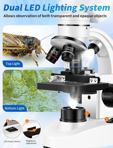 Binocular Microscope for Adults,with WF10x/25x Eyepieces,40X-2000X Magnification,Dual LED Illumination,with a Experiment Kit & Phone Adapter.Suitable for Labs,Schools,and Home Education in Saudi Arabia