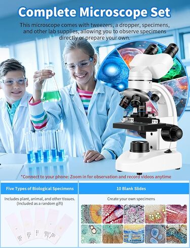 Binocular Microscope for Adults,with WF10x/25x Eyepieces,40X-2000X Magnification,Dual LED Illumination,with a Experiment Kit & Phone Adapter.Suitable for Labs,Schools,and Home Education in Saudi Arabia
