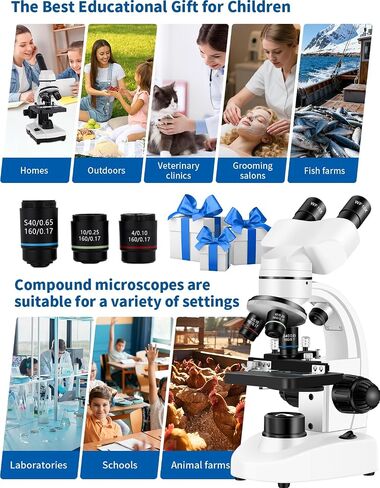 Binocular Microscope for Adults,with WF10x/25x Eyepieces,40X-2000X Magnification,Dual LED Illumination,with a Experiment Kit & Phone Adapter.Suitable for Labs,Schools,and Home Education in Saudi Arabia