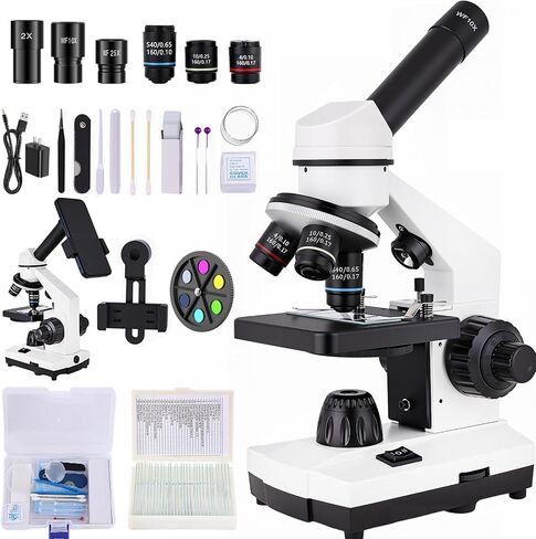 Monocular Microscope,WF10x/25x Eyepieces,40x–2000x Magnification,Dual LED Illumination,Comes with a Free Experiment Kit & Phone Adapter.Suitable for Students Home and School Lab in Saudi Arabia