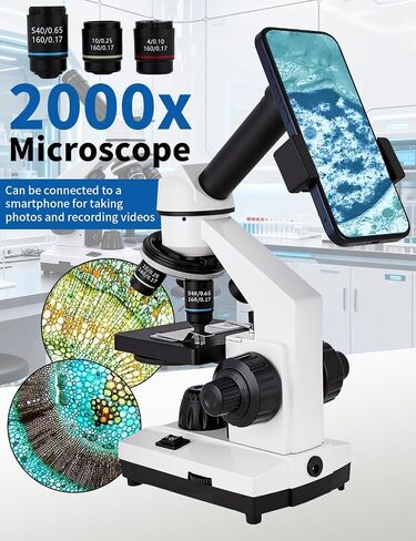 Monocular Microscope,WF10x/25x Eyepieces,40x–2000x Magnification,Dual LED Illumination,Comes with a Free Experiment Kit & Phone Adapter.Suitable for Students Home and School Lab in Saudi Arabia