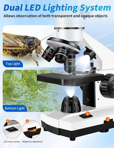 Monocular Microscope,WF10x/25x Eyepieces,40x–2000x Magnification,Dual LED Illumination,Comes with a Free Experiment Kit & Phone Adapter.Suitable for Students Home and School Lab in Saudi Arabia