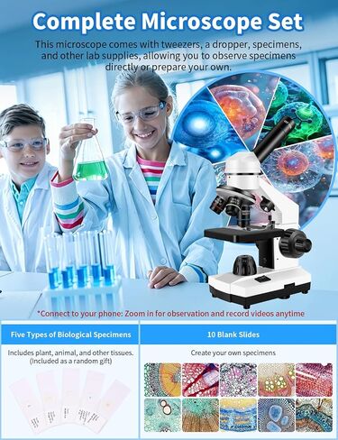 Monocular Microscope,WF10x/25x Eyepieces,40x–2000x Magnification,Dual LED Illumination,Comes with a Free Experiment Kit & Phone Adapter.Suitable for Students Home and School Lab in Saudi Arabia