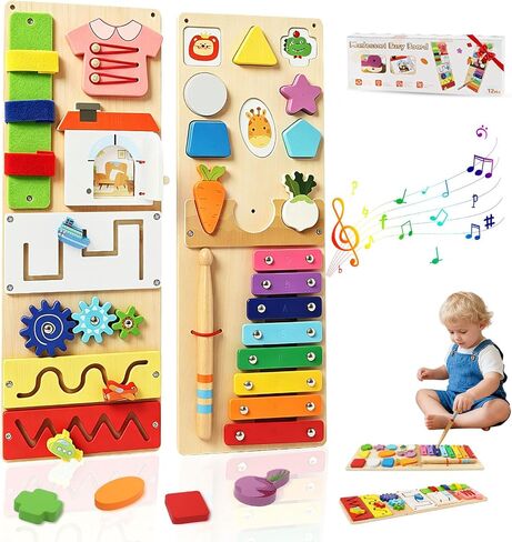 Montessori Busy Board for Toddlers 1-3, 2 Pcs Wooden Sensory Activity Board | Toddler Montessori Toys for Fine Motor Skills, Preschool Learning Travel Educational Toy for Boys & Girls in Saudi Arabia