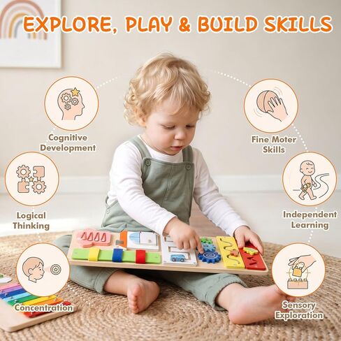 Montessori Busy Board for Toddlers 1-3, 2 Pcs Wooden Sensory Activity Board | Toddler Montessori Toys for Fine Motor Skills, Preschool Learning Travel Educational Toy for Boys & Girls in Saudi Arabia