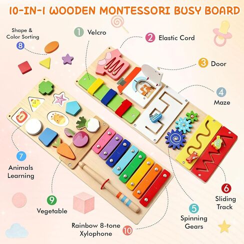 Montessori Busy Board for Toddlers 1-3, 2 Pcs Wooden Sensory Activity Board | Toddler Montessori Toys for Fine Motor Skills, Preschool Learning Travel Educational Toy for Boys & Girls in Saudi Arabia