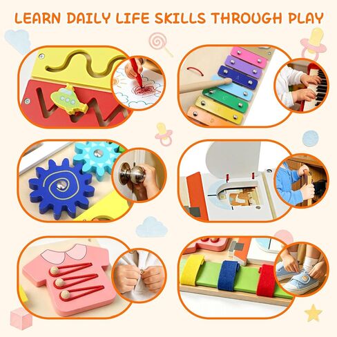 Montessori Busy Board for Toddlers 1-3, 2 Pcs Wooden Sensory Activity Board | Toddler Montessori Toys for Fine Motor Skills, Preschool Learning Travel Educational Toy for Boys & Girls in Saudi Arabia