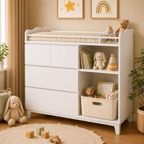 Feonase Baby Changing Table with Storage, Tall Nursery Changing Station with 4 Drawers & 2 Open Shelves, Wooden Storage Cabinet for Nursery, Bedroom, White in Saudi Arabia