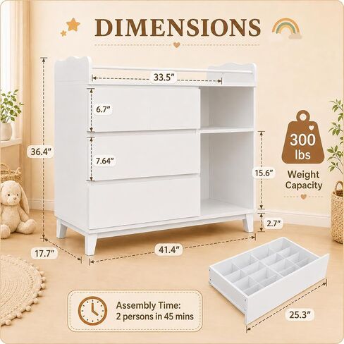 Feonase Baby Changing Table with Storage, Tall Nursery Changing Station with 4 Drawers & 2 Open Shelves, Wooden Storage Cabinet for Nursery, Bedroom, White in Saudi Arabia