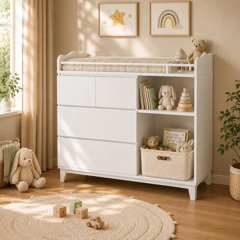 Feonase Baby Changing Table with Storage, Tall Nursery Changing Station with 4 Drawers & 2 Open Shelves, Wooden Storage Cabinet for Nursery, Bedroom, White in Saudi Arabia