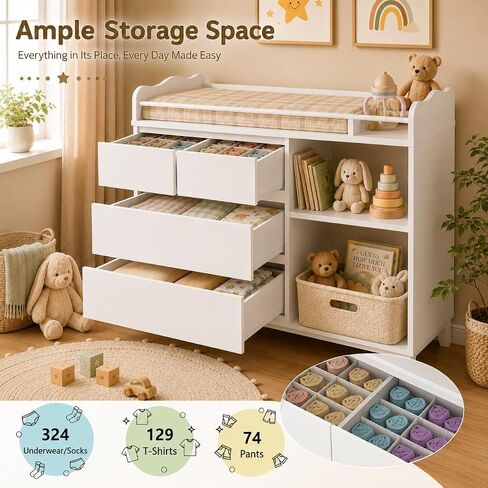 Feonase Baby Changing Table with Storage, Tall Nursery Changing Station with 4 Drawers & 2 Open Shelves, Wooden Storage Cabinet for Nursery, Bedroom, White in Saudi Arabia