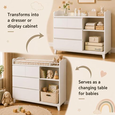 Feonase Baby Changing Table with Storage, Tall Nursery Changing Station with 4 Drawers & 2 Open Shelves, Wooden Storage Cabinet for Nursery, Bedroom, White in Saudi Arabia