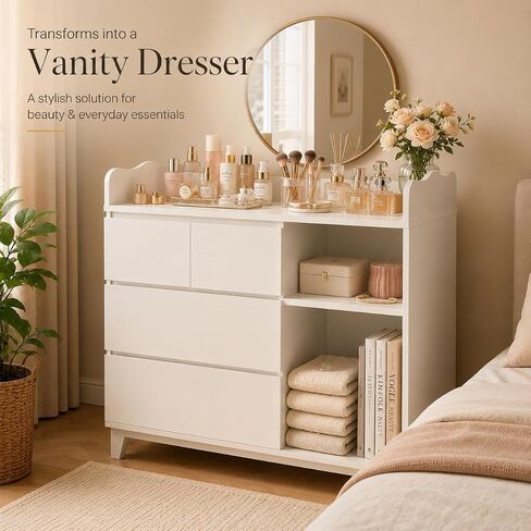 Feonase Baby Changing Table with Storage, Tall Nursery Changing Station with 4 Drawers & 2 Open Shelves, Wooden Storage Cabinet for Nursery, Bedroom, White in Saudi Arabia