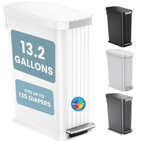 Patented 13 Gallon Step Diaper Pail, Fits Kitchen Bags, Odor Filter, 50L Baby Trash Can, 135 Diaper Capacity, No Refills Needed, for Nursery Diapers & Adult Incontinence Underwear, Matte White in Saudi Arabia