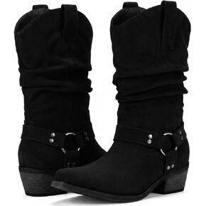 Suede Cowboy Boots for Women - Mid Calf Slouchy Cowgirl Boots | Western Buckle Strap, Slouch Shaft, Pointed Toe, Chunky Heel, Pull On, Retro Fashion Rodeo Concert Festival Dance Daily Wear in Saudi Arabia