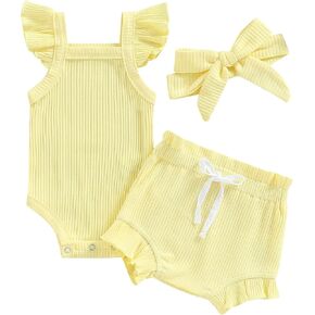 Toddler Girls Casual 3 Pieces Fly Sleeve Solid Color Romper Tops Drawstring Short Pants Headband Outfits in Kuwait