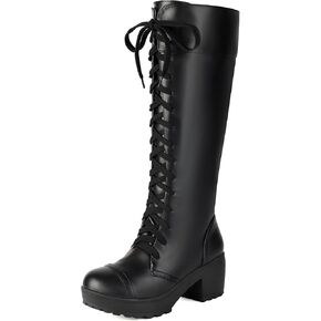 BEAUPAS Women's Knee High Combat Boots Goth Platform Lace Up, Black, 12.5 | Chunky Block Heel, Side Zipper, Women's Fashion, Cosplay Style, Faux Leather in Saudi Arabia