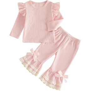 Toddler Baby Girl Fall Clothes Waffle Long Sleeve Shirt Tops and Bell Bottoms Pants 2 Piece Outfits for Girls in Kuwait