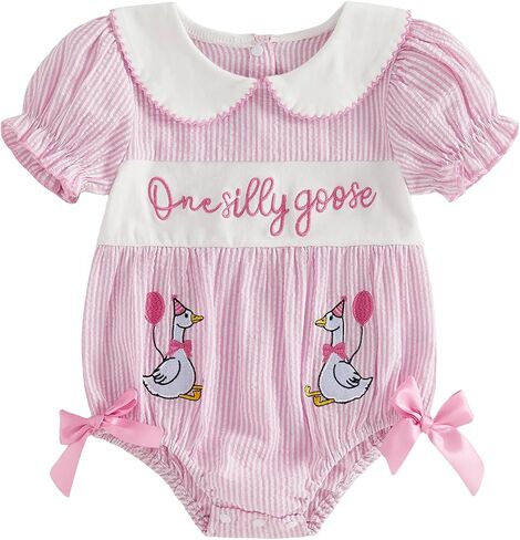 Baby Girl First Birthday Outfit One Silly Goose Embroidery Bubble Romper Bodysuit Birthday Summer Clothes in Saudi Arabia