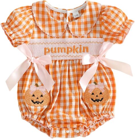 Baby Girl Halloween Outfit Newborn Ghost/Pumpkin Bubble Romper | Infant Girls Peter Pan Collared Plaid Short Sleeve Smocked Ruffle Jumpsuit Outfits With Bow Cute Fall Winter Clothes in Saudi Arabia