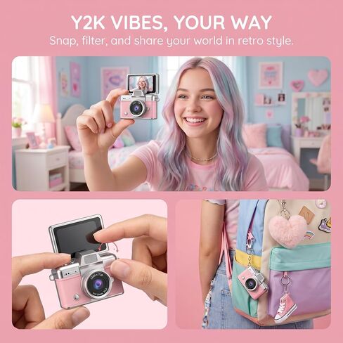 Yaslayp Mini Flip Screen Retro Camera for Birthday Gift, 1.47" LCD 1080P HD | Y2K Mini Keychain Camera with 6 Vintage Color Modes, 180°Rotating Selfie Screen for Party Travel Volg in Saudi Arabia