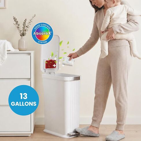 Patented 13 Gallon Step Diaper Pail, Fits Kitchen Bags, Odor Filter, 50L Baby Trash Can, 135 Diaper Capacity, No Refills Needed, for Nursery Diapers & Adult Incontinence Underwear, Matte White in Saudi Arabia