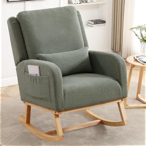 HCHAIRH Rocking Chair Nursery, Teddy Nursing Rocking Chairs, Upholstered Nursery Glider Rocker for Mom Nursery Morden Accent Rocking Chair with Lumbar Pillow for Living Room,Bedroom, Green in Saudi Arabia