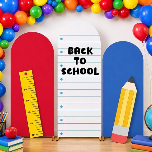 5PCS Back to School Arch Notebook Backdrop Cover 4ft 5ft 6ft Round Top Paper Arch Backdrop Stand Cover Pencil Ruler Cutouts Composition Notebook Party Decors for End of the Year Classroom Decor in Kuwait