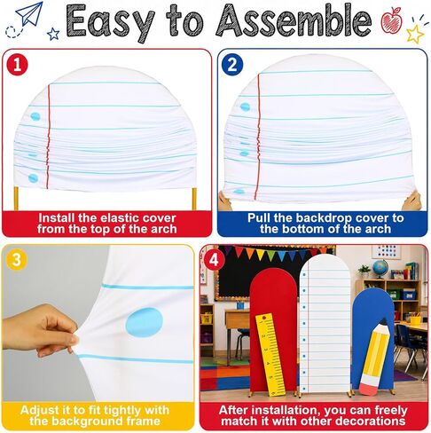 5PCS Back to School Arch Notebook Backdrop Cover 4ft 5ft 6ft Round Top Paper Arch Backdrop Stand Cover Pencil Ruler Cutouts Composition Notebook Party Decors for End of the Year Classroom Decor in Kuwait