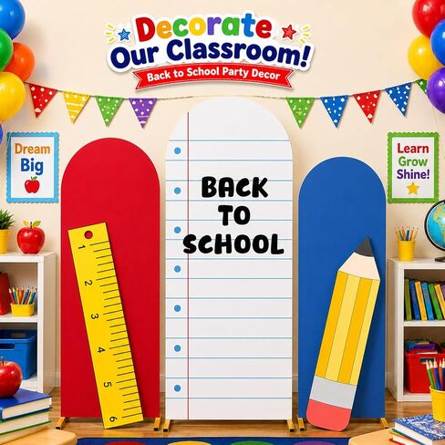 5PCS Back to School Arch Notebook Backdrop Cover 4ft 5ft 6ft Round Top Paper Arch Backdrop Stand Cover Pencil Ruler Cutouts Composition Notebook Party Decors for End of the Year Classroom Decor in Kuwait