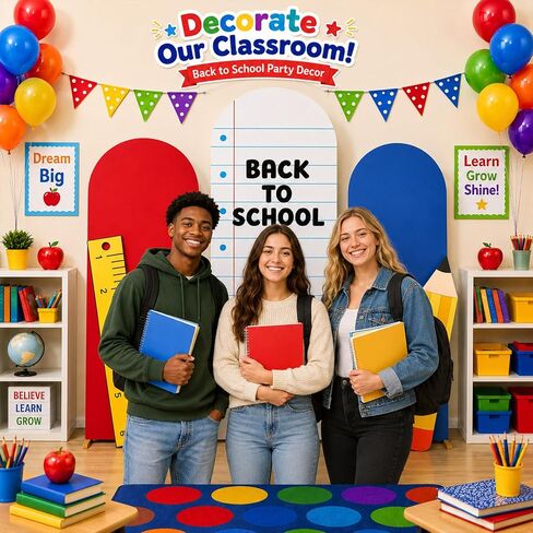 5PCS Back to School Arch Notebook Backdrop Cover 4ft 5ft 6ft Round Top Paper Arch Backdrop Stand Cover Pencil Ruler Cutouts Composition Notebook Party Decors for End of the Year Classroom Decor in Kuwait