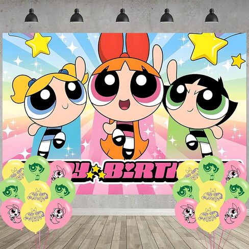 Power Girls Birthday Party Decoration,Power Girls Party Photo Background 5 x 3 FT and 18 Pcs Balloon,Merch Party Backdrop Supplies in Saudi Arabia