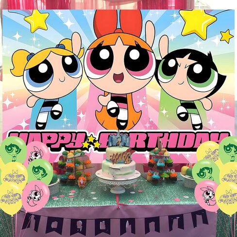 Power Girls Birthday Party Decoration,Power Girls Party Photo Background 5 x 3 FT and 18 Pcs Balloon,Merch Party Backdrop Supplies in Saudi Arabia