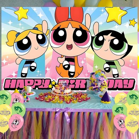 Power Girls Birthday Party Decoration,Power Girls Party Photo Background 5 x 3 FT and 18 Pcs Balloon,Merch Party Backdrop Supplies in Saudi Arabia