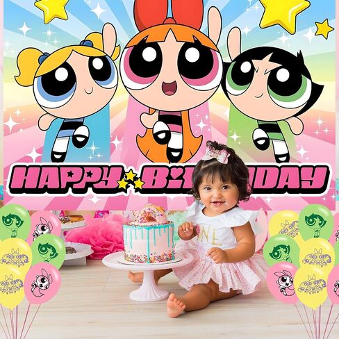 Power Girls Birthday Party Decoration,Power Girls Party Photo Background 5 x 3 FT and 18 Pcs Balloon,Merch Party Backdrop Supplies in Saudi Arabia