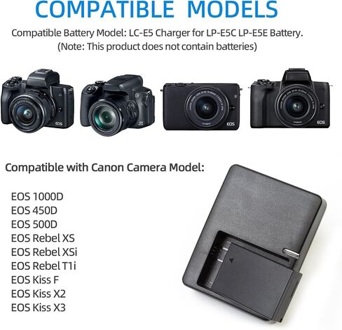 LC-E5 LC-E5C LC-E5E Charger for LP-E5 LPE5 Battery | Compatible with Canon EOS 1000D 450D 500D Rebel XS XSi T1i Kiss F X2 X3 Cameras in Saudi Arabia