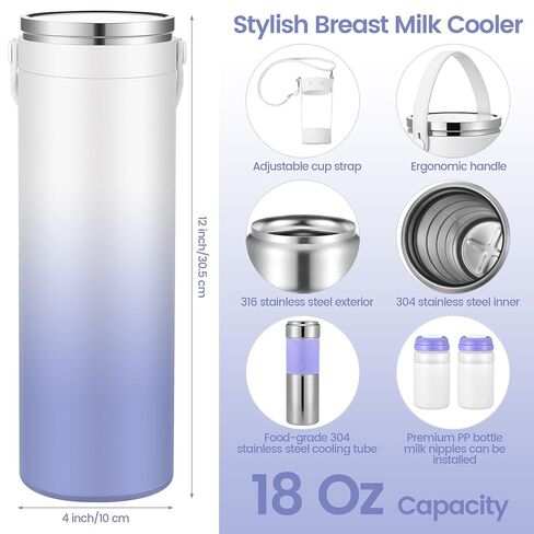 18 oz Portable Breast Milk Cooler, 24H Cooling Breastmilk Chiller | 360° Cooling, Stainless Steel Travel Breastmilk Cooler with 2 BPA-Free Baby Bottles Sleeve Strap for Breastmilk Storage in Saudi Arabia