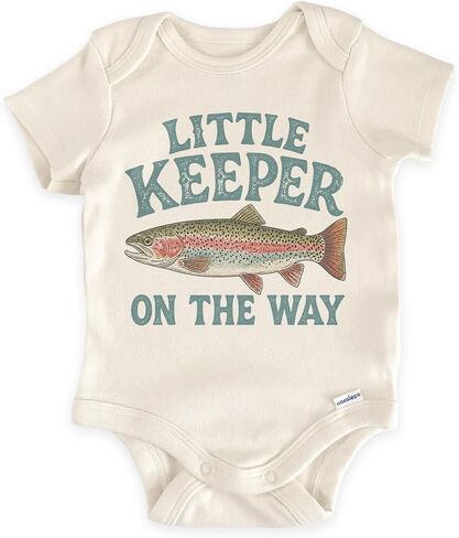 Little Keeper Fishing Pregnancy Announcement Bodysuit (0-3 Month, Natural) | Rainbow Trout Graphic, Baby Reveal Photo Prop, Outdoor Family in Kuwait