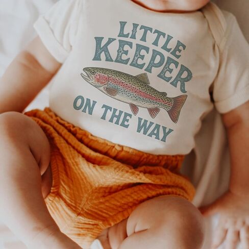Little Keeper Fishing Pregnancy Announcement Bodysuit (0-3 Month, Natural) | Rainbow Trout Graphic, Baby Reveal Photo Prop, Outdoor Family in Kuwait