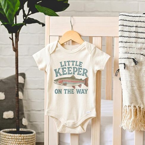 Little Keeper Fishing Pregnancy Announcement Bodysuit (0-3 Month, Natural) | Rainbow Trout Graphic, Baby Reveal Photo Prop, Outdoor Family in Kuwait